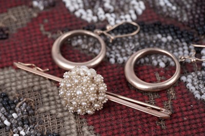 Lot 72 - A pair of 1920s rose gold pendant earrings; and a 1920s seed pearl bar brooch