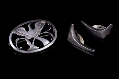 Lot 73 - A Georg Jensen Danish silver Bird of Paradise brooch; and a pair of Anton Michelsen earrings