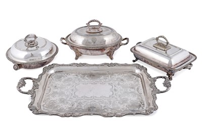 Lot 303 - Three early 20th Century silver plated tureens and covers; and a serving tray