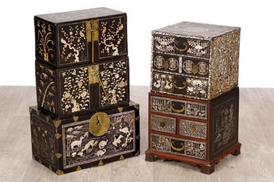 Lot 211 - Five Oriental black lacquered boxes