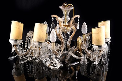 Lot 169 - A 20th Century glass three-branch chandelier; and a pair of similar wall sconces