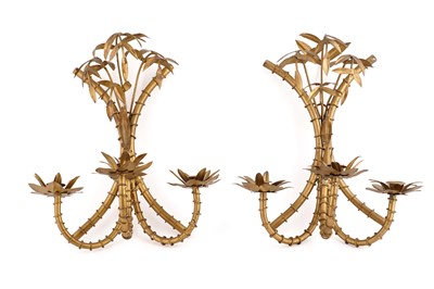Lot 171 - A pair of bronzed metal three-branch wall sconces