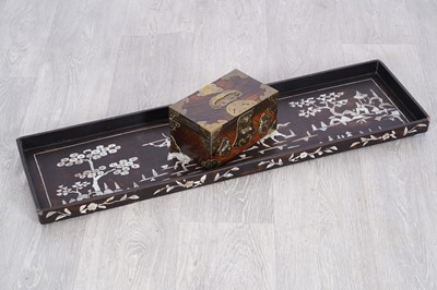 Lot 192 - A 20th Century Korean brass-mounted elm tea caddy; and a 20th Century stained hardwood tray