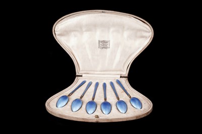 Lot 199 - A set of six 1920s guilloche-enamelled coffee spoons