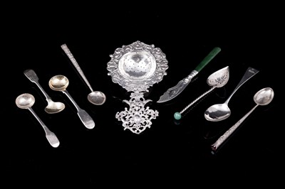 Lot 200 - A Victorian silver tea strainer, B Muller & Son; and other novelty flatware