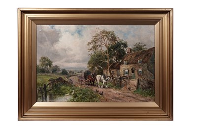 Lot 253 - John Falconer Slater - A cart passing a farmhouse with chickens | oil