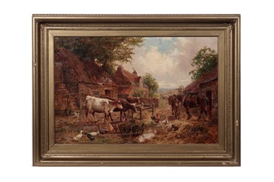 Lot 257 - John Falconer Slater - Farmyard with horses, cattle and chickens | oil