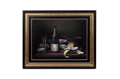 Lot 354 - Brian Davies - Still life with seafood and champagne | oil