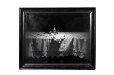 Lot 294 - Rafael Catala - Still life of a tablecloth with teapot and teacup | oil