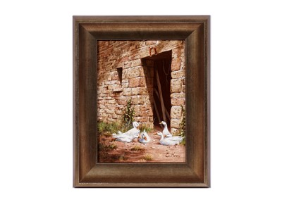 Lot 241 - Edward Hersey - Geese in a farmyard | oil