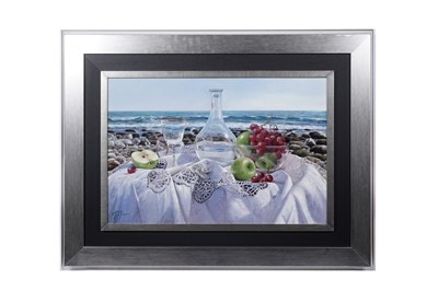 Lot 295 - Marc Esteve - Coastal still life with fruit and glasses | oil