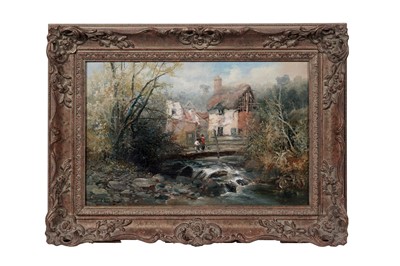 Lot 225 - William Widgery - Figures on a bridge over a river | oil