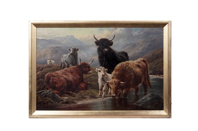 Lot 237 - William Watson Jnr. - Highland Cattle watering in a Scottish landscape | oil
