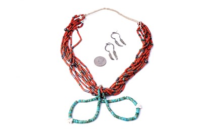Lot 78 - A pair of silver Native American Navajo feather pattern earrings and necklace