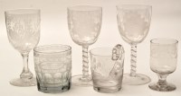 Lot 215 - Six engraved glasses, comprising: three...