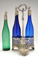 Lot 303 - Triple decanter stand with coloured glass...