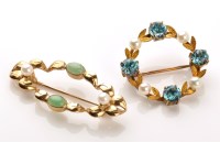 Lot 772 - A jadeite, cultured pearl and 9ct. gold brooch,...